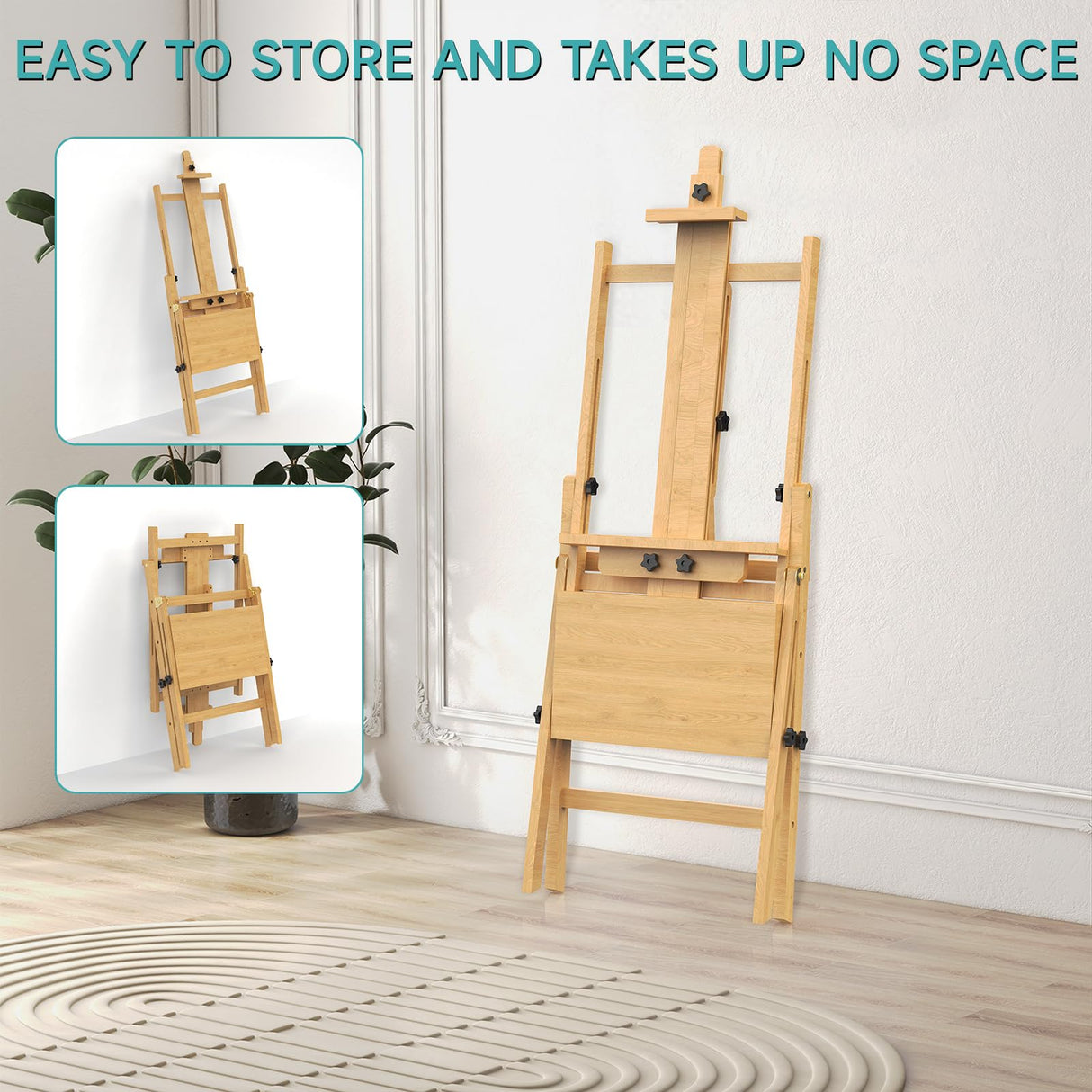 Solid Beech Wood H-Frame Easel, Large Painting Easel with Storage Box and Palette, Professional Foldable Studio Art Easel Stand with Signature Box for Adults, Holds Canvas Art up to 48" YACONA