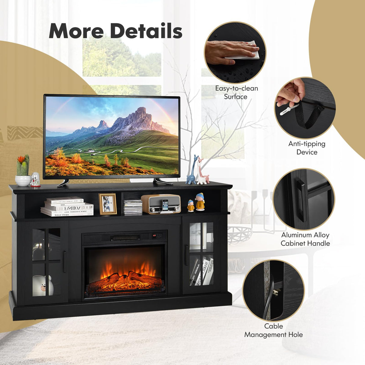 COSTWAY Electric Fireplace TV Stand for TVs Up to 65 Inches, 1400W Heater Insert with Remote Control, 6H Timer, 3-Level Flame, Overheat Protection and CSA Certification, Adjustable Shelves, Black COSTWAY