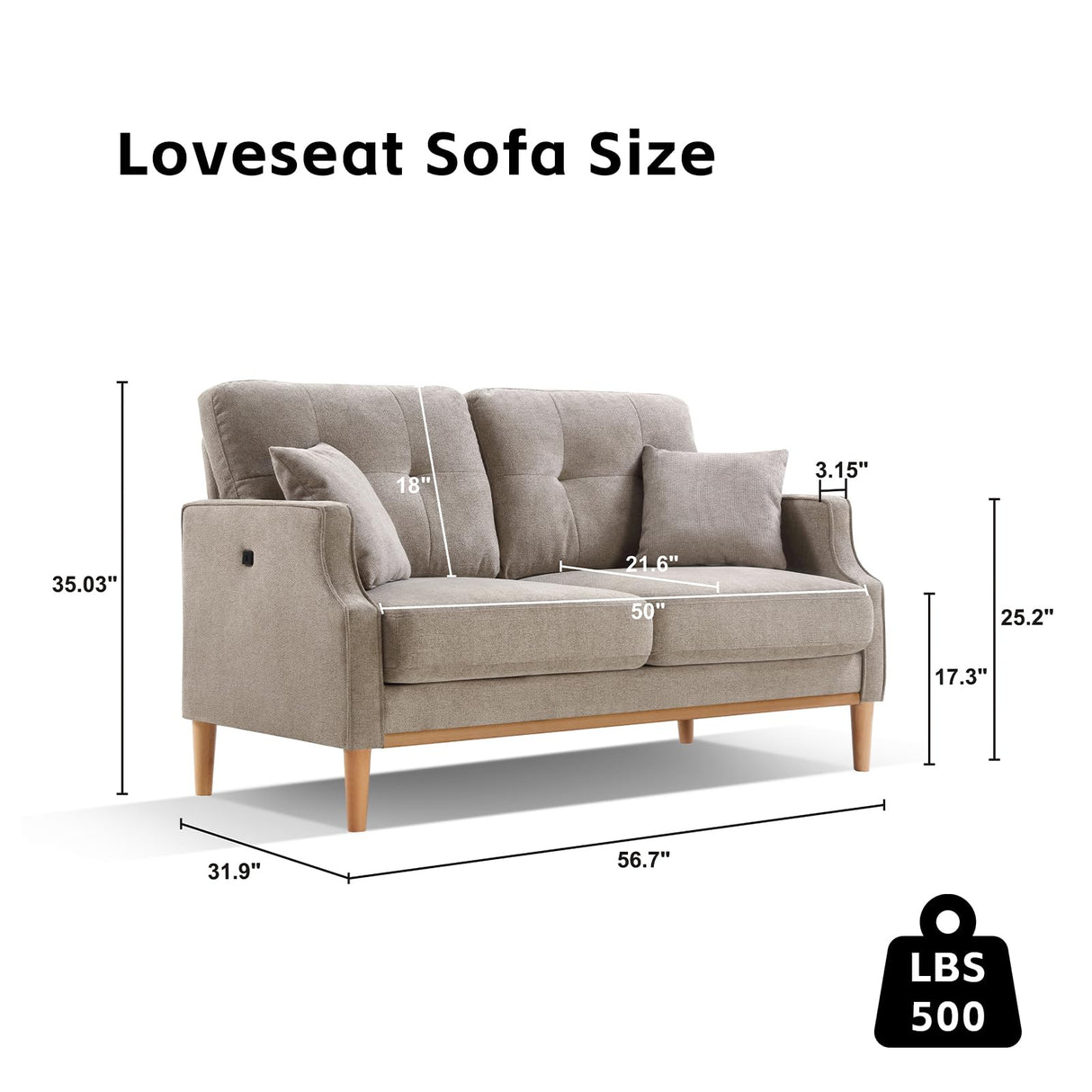 SoarTalent 56.7" Loveseat Sofa Small Couch Fabric Upholstered 2-Seat Sofa with USB Port for Small Place, Apartment, Living Room,Office(Light Grey) SoarTalent
