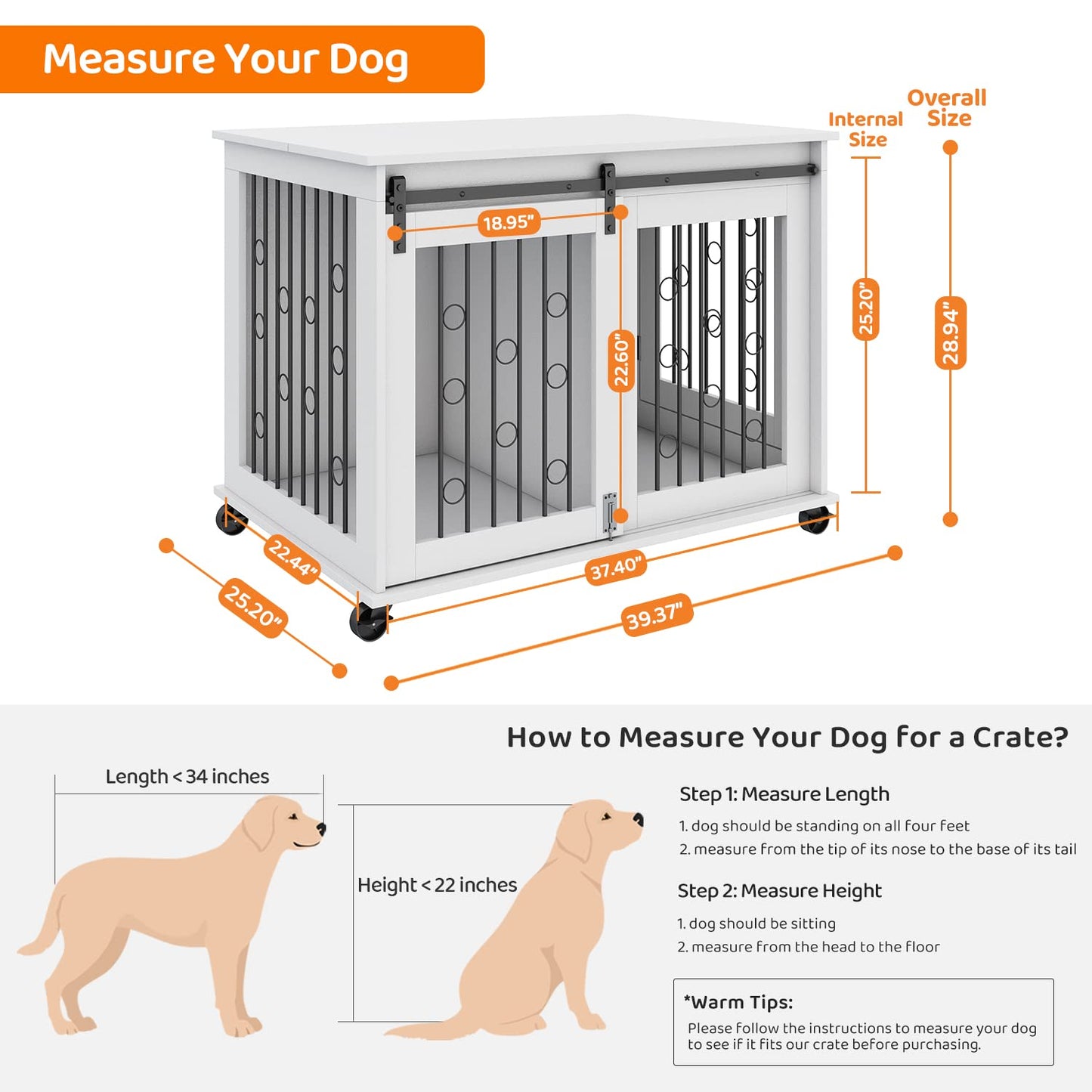 IchbinGo Dog Crate Furniture with Sliding Barn Door, 39" Wooden Dog Kennel End Table with Wheels and Flip-top Plate Dog House with Detachable Divider for Small/Medium/Large Dog (White) - WoodArtSupply