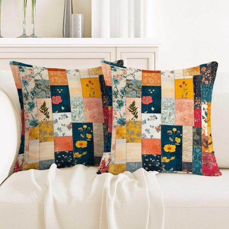 ZwenPdoe Printed Patchwork Rustic Pillow Covers 18x18 Set of 2 | Farmhouse Style Decorative Throw Pillowcases for Sofa Couch Bed | Vintage Floral Cushion Covers for Home Décor ZwenPdoe