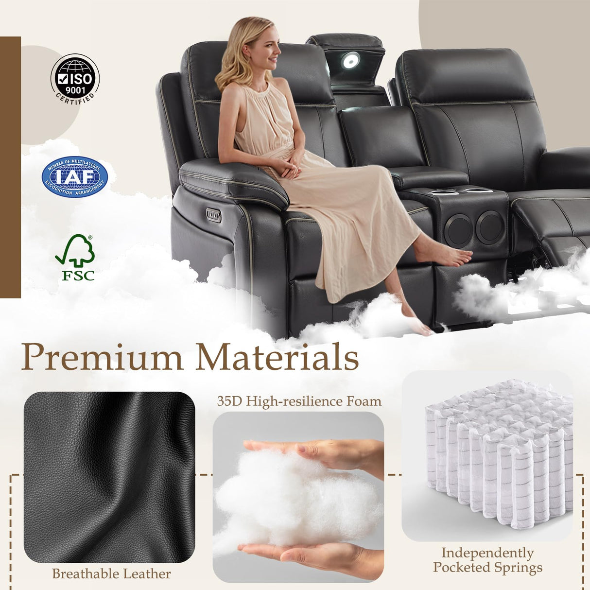 Neptane Power Reclining Loveseat with LED Reading Light/Storage Drawer/Bluetooth Speakers, Power Loveseat Recliner Sofa, Wall Hugger Reclining Loveseat with Outlets(Black, 2 Seat with Console) Neptane