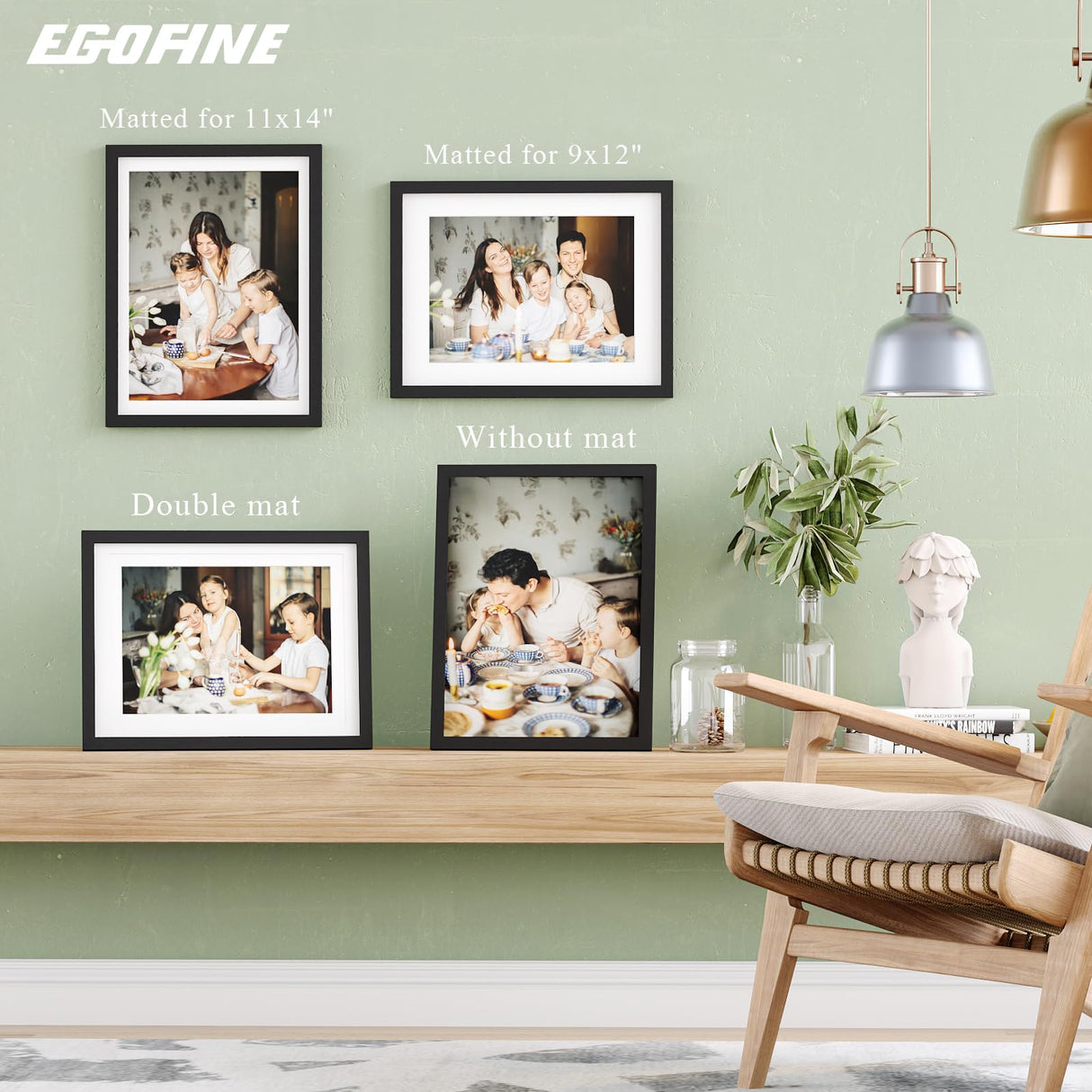 Egofine 12x16 Picture Frame Black Covered by Plexiglass Made of Solid Wood, Display Pictures 9x12 and 11x14 with Mat or 12x16 Without Mat for Table Top and Wall Mounting Egofine