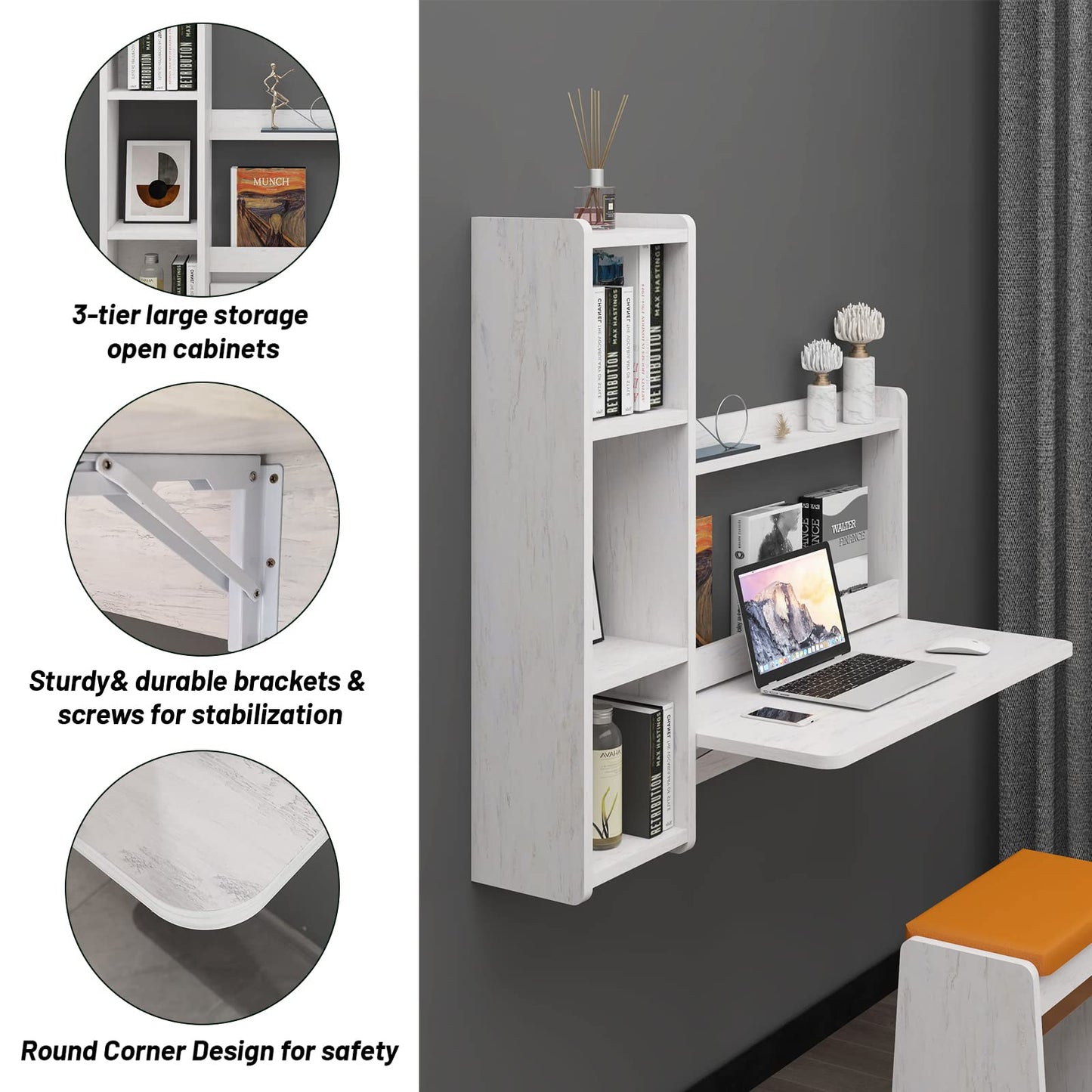 Pmnianhua 41'' Wall Mounted Floating Desk with Storage Shelves - Space Saving Workstation in Greyish White - WoodArtSupply