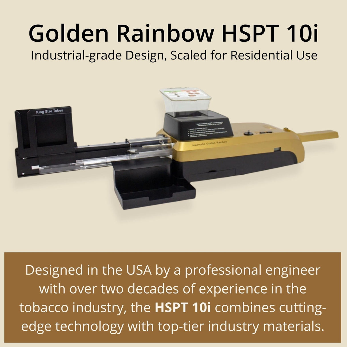 HSPT Golden Rainbow Electric Cigaretterolling Machine - Fully Automatic Tobacco Injector Roller for MYO King Size Cigarettes, with Adjustable Density, Counter, Jam Protection, Loads 10 Tubes at a Time HSPT Golden Rainbow