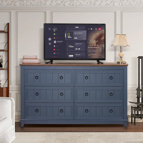Joaxswe Farmhouse 6 Drawers Dresser for Bedroom, 58 Inch Wide Wood Dresser Chest of Drawers, Vintage Design TV Stand, Rustic Storage Dressers Organizer for Bedroom, Living Room, Hallway - Blue Joaxswe