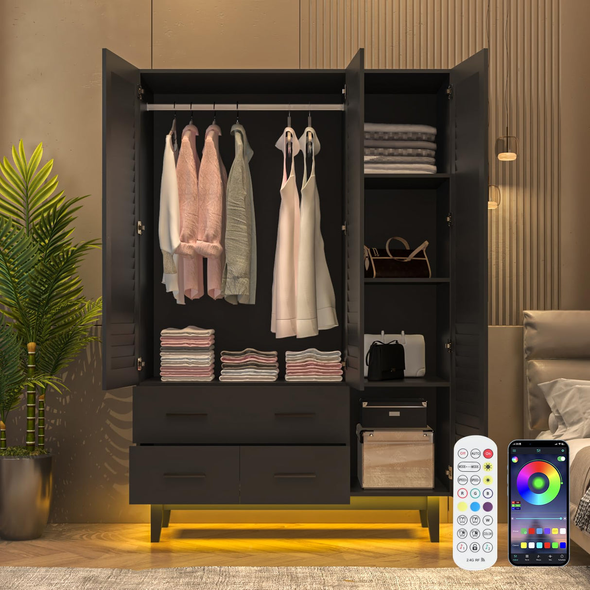 jiteentarou 3 Door Armoire Wardrobe Closet Cabinet with Drawers and LED Lights, Multi-Tier Shelves, Hanging Rod & 3 Louver Doors, Large Capacity Storage Wardrobe Armoire for Bedroom(3 Doors Black) jiteentarou