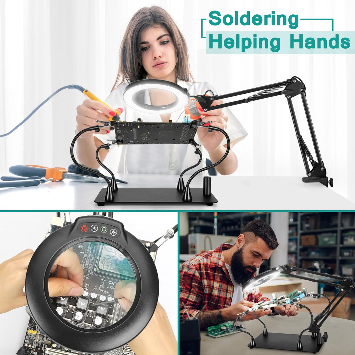 IVMAIE Helping Hands Soldering Station, 10X Magnifying Glass with light, 4 Magnetic PCB Holder Arms, Non-Slip Weighted Base Magnifier, Third Hand Soldering Tool for Soldering Jewelry Hobby Craft IVMAIE