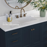 ARIEL Cambridge 55" Midnight Blue Bathroom Vanity with Sink, 1.5" Edge Pure White Quartz Countertop & Backsplash, Center Rectangular Sink, 2 Soft Closing Doors, 9 Full Extension Dovetail Drawers ARIEL