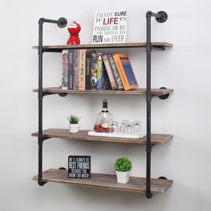 Industrial Pipe Shelving Wall Mounted,48in Rustic Metal Floating Shelves,Steampunk Real Wood Book Shelves,Wall Shelf Unit Bookshelf Hanging Wall Shelves,Farmhouse Kitchen Bar Shelving(4 Tier)