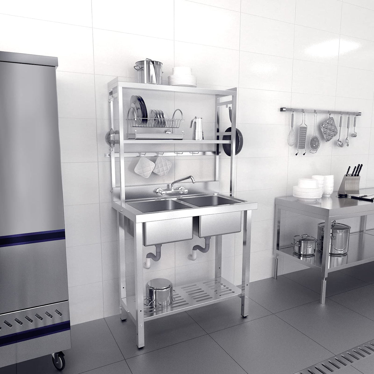 VINGLI 67" 2-Compartment Commercial Sink with Shelves Over & Drying Rack Underneath, 304 Stainless Steel Sink Double Basin with Drain for Restaurant, Freestanding Utility Sink for Laundry Room, Garage VINGLI