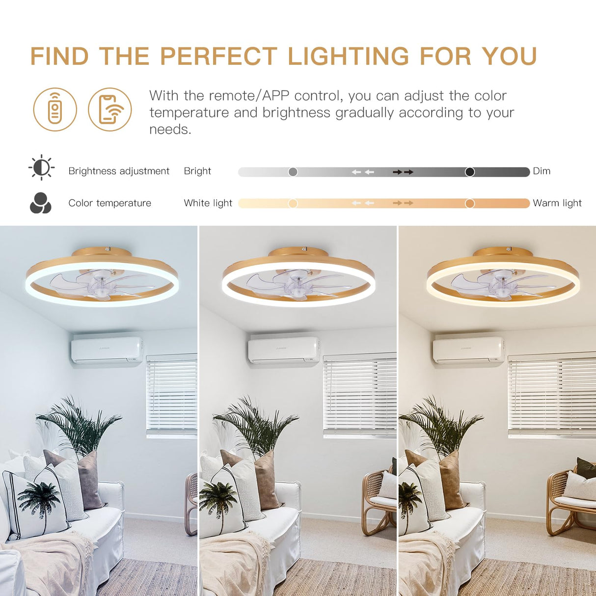 STERREN Modern Gold Ceiling Fans with Lights,20" Dimmable Flush Mount Low Profile Ceiling Fans with Remote Control,Indoor Smart Ceiling Fan with Light for Bedroom STERREN