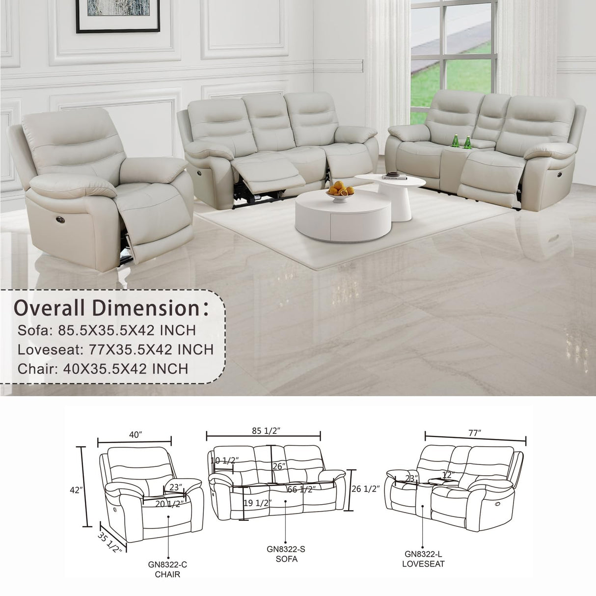 GEBADOL Power Reclining Sofa Set, Genuine Leather Recliner Sofa and Loveseat Set, 2 Pieces Top Grain Leather Sofa with Built in USB Port for Living Room (Light Grey) GEBADOL