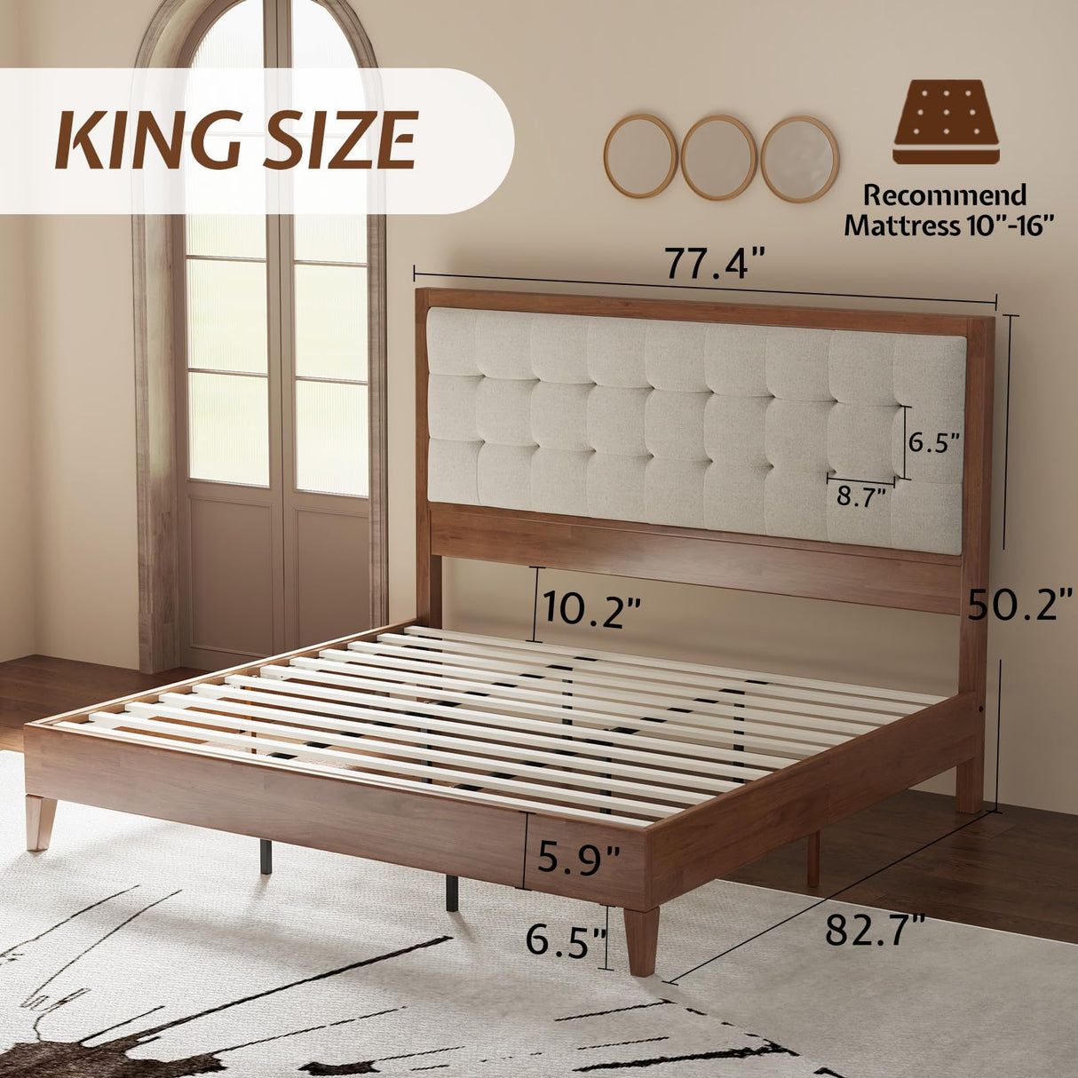 Jocisland Wood King Size Bed Frame,Tall Upholstered Tufted Headboard, Solid Wood Platform, No Box Spring Needed, Walnut Jocisland
