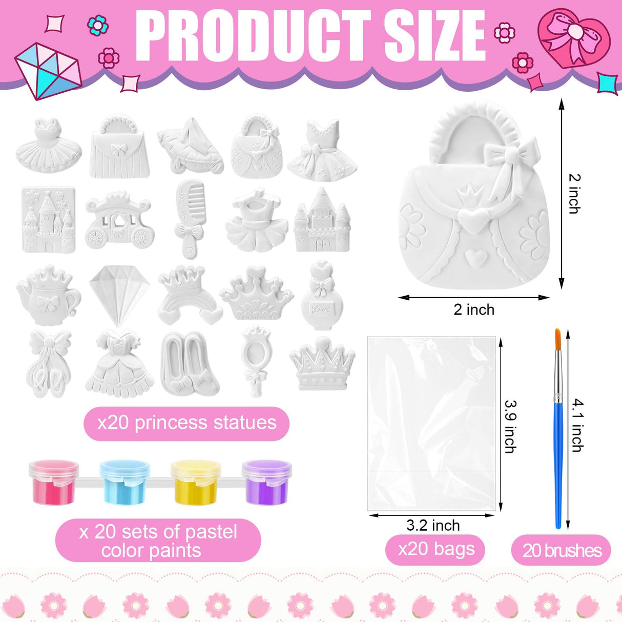 JellyArch 20 Set Princess DIY Painting Kit Ceramic to Paint Your Own Princess Rainbow Castle Statues Unpainted Plaster Figurines Brushes Acrylic Paints Bags Party Favor for Adults JellyArch
