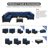 Rattaner 9 Pieces Outdoor Sectional All-Weather Wicker Patio Furniture Set Patio Sectional and Glass Patio Table Non-Slip Cushions and Waterproof Covers, Navy Blue Rattaner