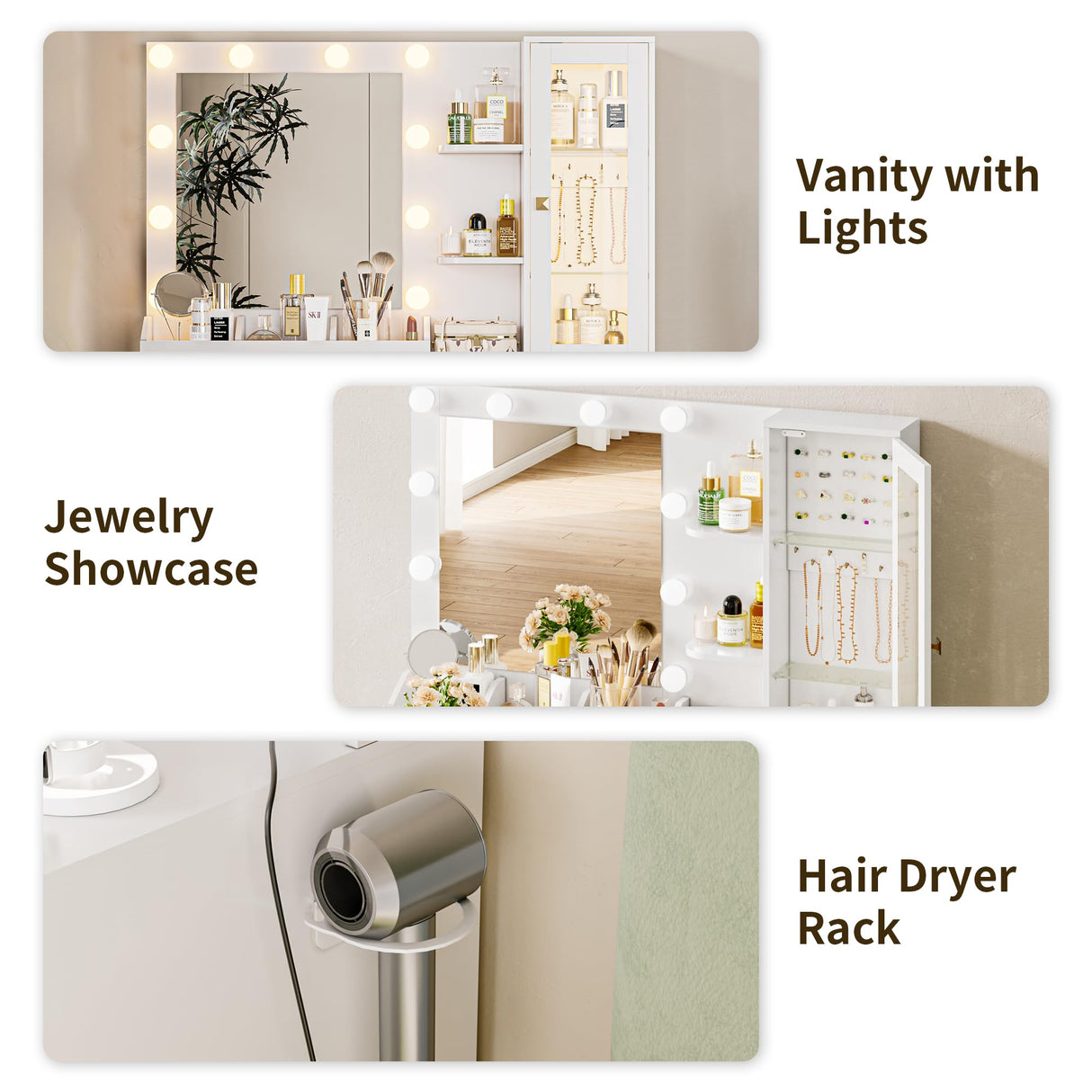 Vanity Desk with Mirror and Lights, White Makeup Vanity with 5 Drawers Hidden Jewelry Organizer& LED Glass Cabinet,3 Lights Mode and Brightness Adjusted,Vanity Mirror with Lights Desk and Chair HUANLEGO