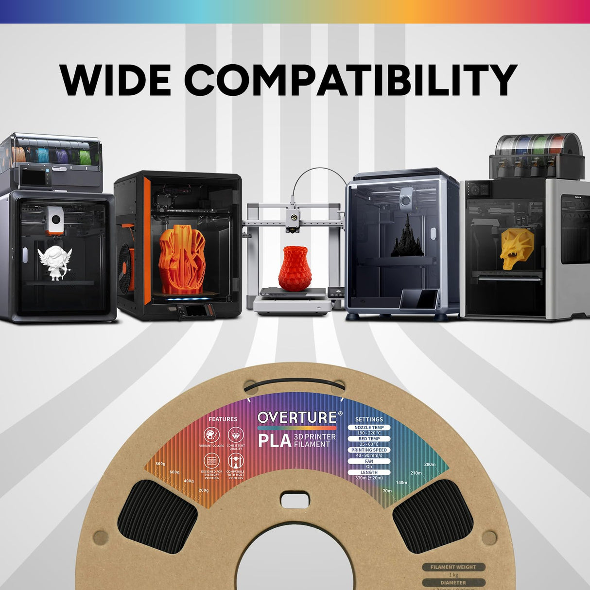 OVERTURE 6KG Bundle PLA Filament 1.75mm PLA 3D Printer Filament, 6 Pack 1kg(2.2lbs) Cardboard Spool, Dimensional Accuracy +/- 0.02mm, Fit Most FDM Printer (6 Color) OVERTURE