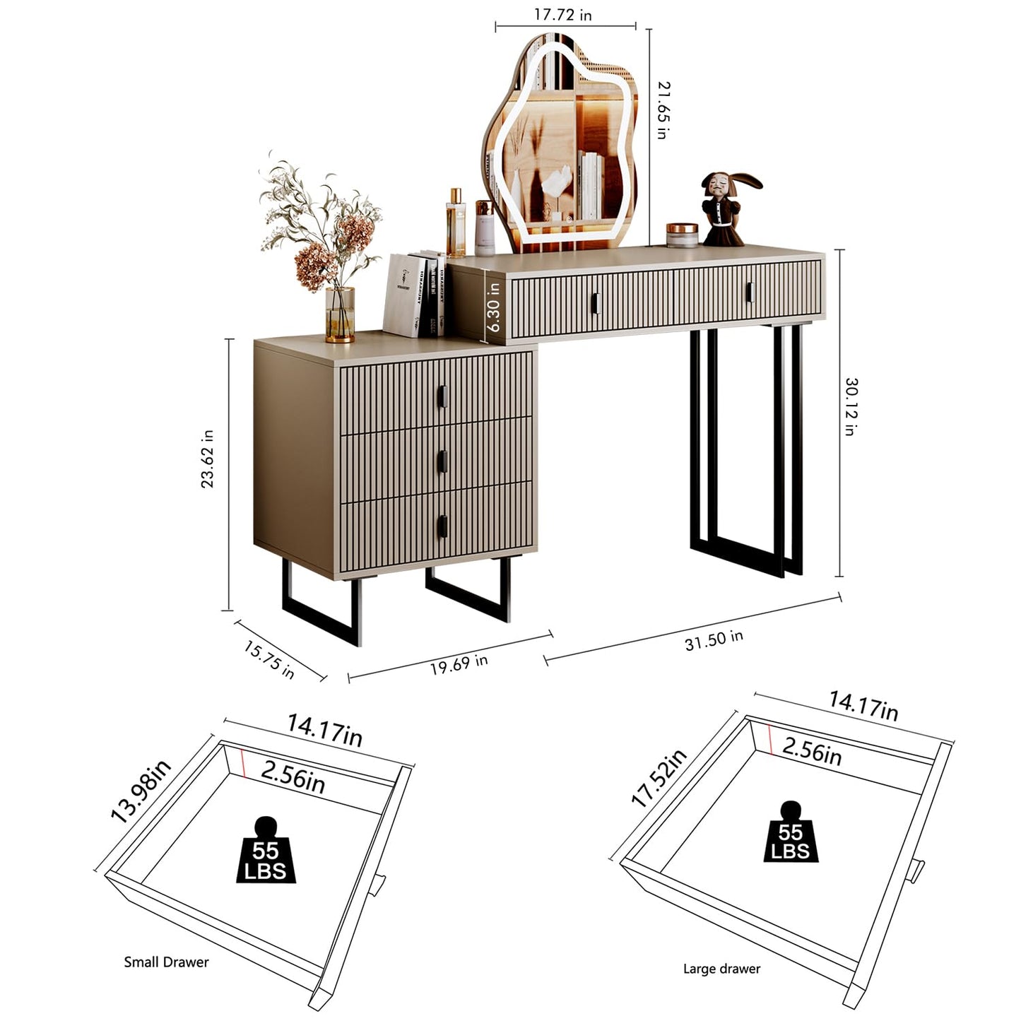 Ieejdn Gray Vanity desk with mirror and lights,Small makeup vanity with 5 drawers，Modern makeup table with Adjustable Cabinet for Bedroom,Makeup Room,Writing Desk - WoodArtSupply