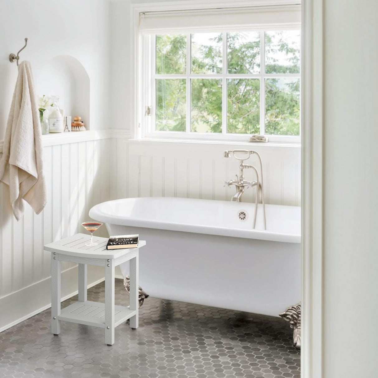 LUE BONA HDPS Shower Bench Seat, Shower Stool for Inside Shower Waterproof, Bath Spa Shower Foot Stool for Shaving Legs with Storage Shelf, Weather Resistant/Non-Slip/Indoor or Outdoor Use, White LUE BONA