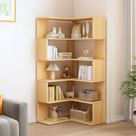 IOTXY 6-Tier L-Shaped Corner Bookshelf - 66" Tall Wooden Freestanding Bookcase with Open Shelf Units, Oak IOTXY