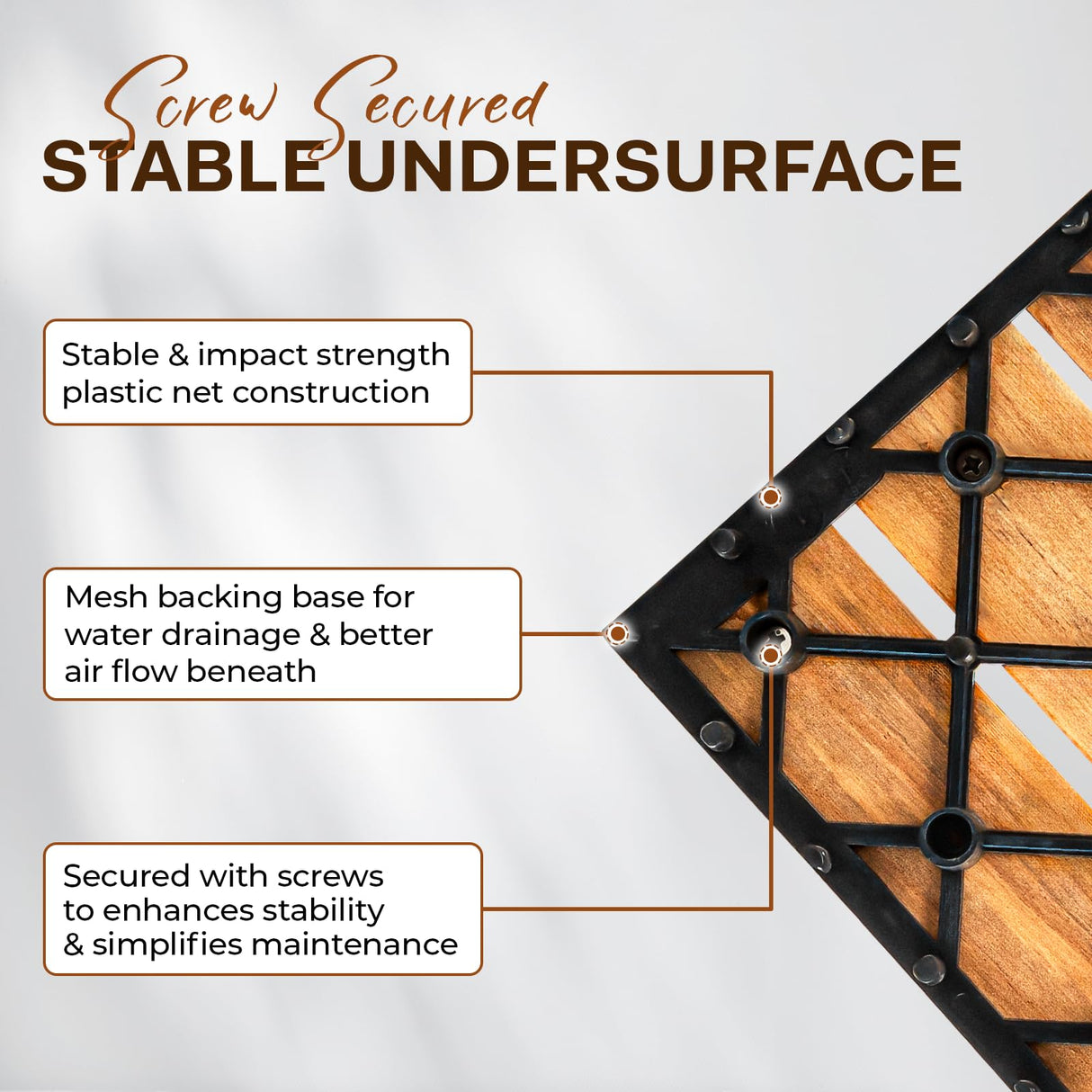 Idzo Set of 10 Premium Teak Deck Tiles, Distinctive Teak Wood Flooring with Innate Oil That Can Withstand Water & Weather Elements, 3 Seconds Snap-Lock Teak Shower Tiles with Stable Mesh Base, 6 Slats IDZO