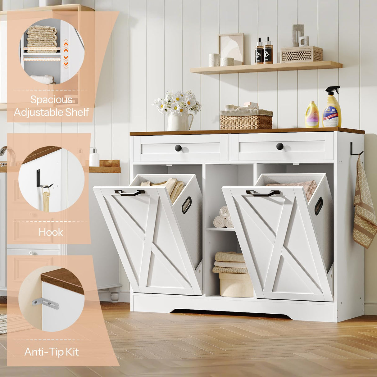 HOOBRO Double Tilt Out Laundry Hamper Cabinet, 41.7" Hidden Laundry Cabinet, with Open Shelving and 2 Removable Baskets, Farmhouse Laundry Storage Basket, for Bathroom, White and Walnut WH11XY01 HOOBRO