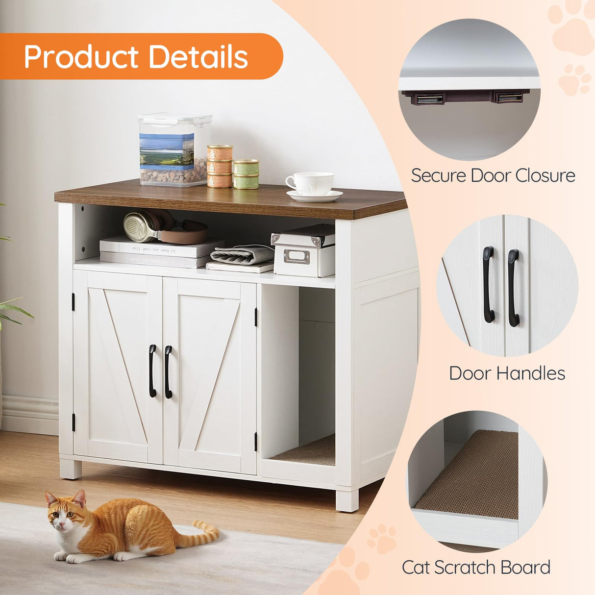 HOOBRO Cat Litter Box Enclosure, Farmhouse Wooden Cat Furniture with Scratch Pad, Storage Layer, Litter Box Furniture, End Side Table,White and Walnut, WH24MW01 HOOBRO