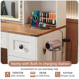 Makeup Vanity Desk with Lights, Large Vanity Desk with Sliding Mirror and Lights in 3 Mode, Farmhouse Vanity with Power Outlet, Vanity Desk with 5 Drawers,2 Cabinets,12 hooks, White Vanity for Bedroom ISHARINGTIME