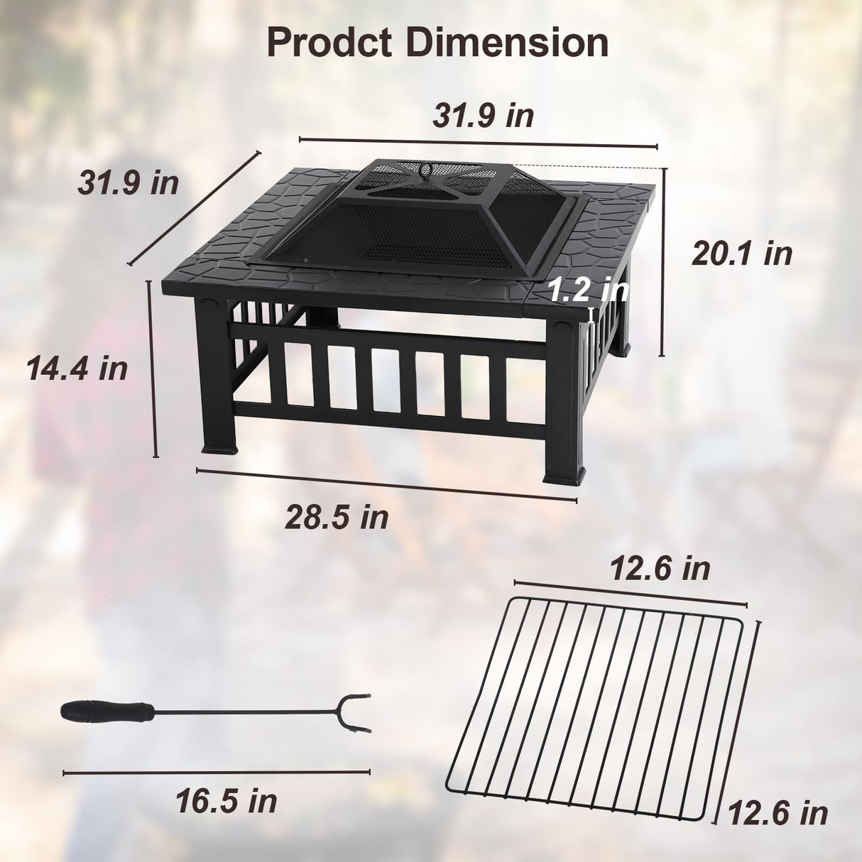 Outdoor Fire Pit 32 Inch Square Metal Firepit Mutltifunctional Fire Pit with Mesh Cover Poker for Outside Backyard Gathering Camping Bonfire, Fireplace for Outdoor Heating Patio Garden FDW