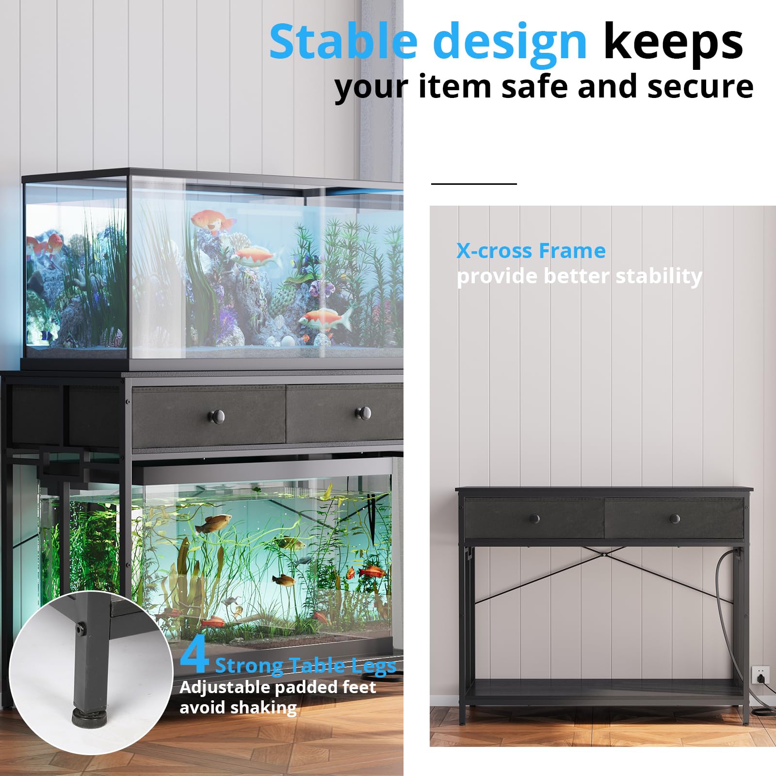 VOWNER 40 Gallon Aquarium Stand with Power Outlet, Metal Frame Fish Tank Stand with Cabinet Storage, Double Turtle Reptile Terrariums Tank Stand, 39.4" L*18.9" W Tabletop, 660LBS Capacity, Bl - WoodArtSupply