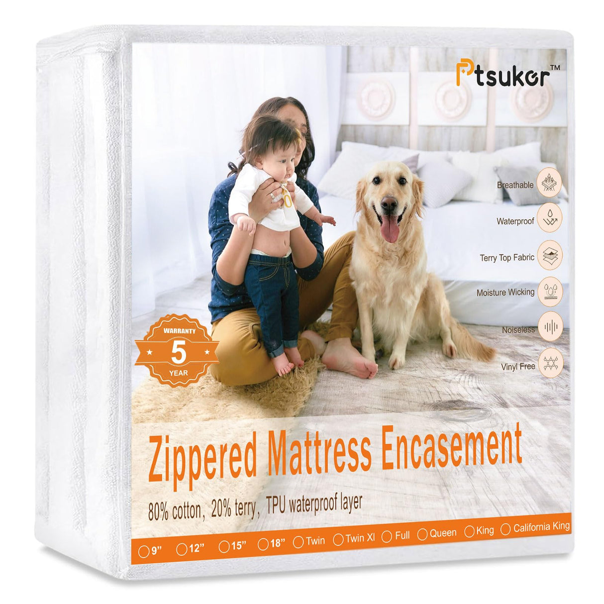 Queen Mattress Protector 60"x80" for Deep 16/17/18 inch,Waterproof Liquid Proof Urine Pee Protection, Soft Terry Cotton Top, Breathable Noiseless Mattress Encasement Washable Ptsuker