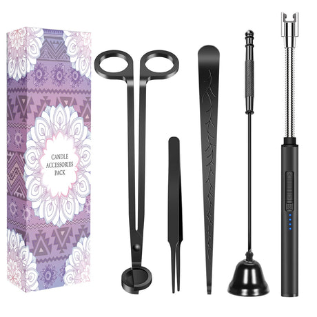 5 in 1 Candle Accessory Set,Candle Wick Trimmer Cutter,Candle Wick Dipper,Candle Wick Snuffer,Rechargeable Candle Lighter,Tweezers,Stainless Steel Candle Care Kit Home Gift for Aromatherapy(Black) HEYLOURB