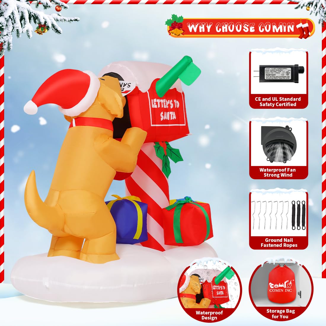 COMIN 5FT Christmas Inflatables Outdoor Decorations, Blow Up Dog and Newspaper Box Inflatable with Built-in LEDs for Christmas Indoor Outdoor Yard Lawn Garden Decorations COMIN