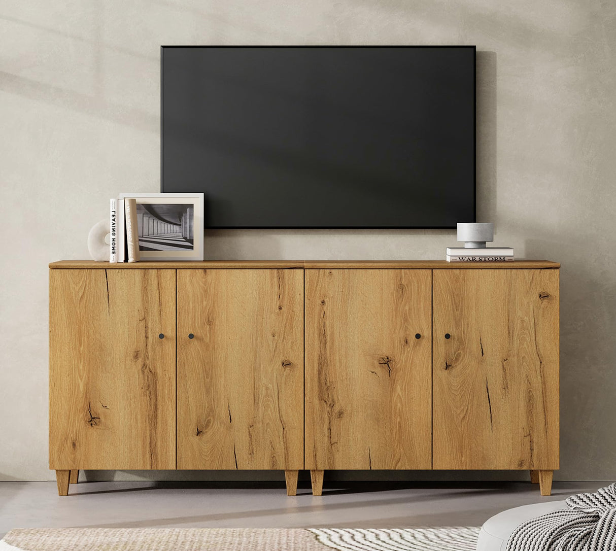 WAMPAT TV Stand Cabinets for TVs up to 75 Inches, 2-in-1 Wood Entertainment Center with Doors and 6 Compartments, 70.8" Modern Media Console Table with Storage for Living Room Bedroom, Oak Brown WAMPAT