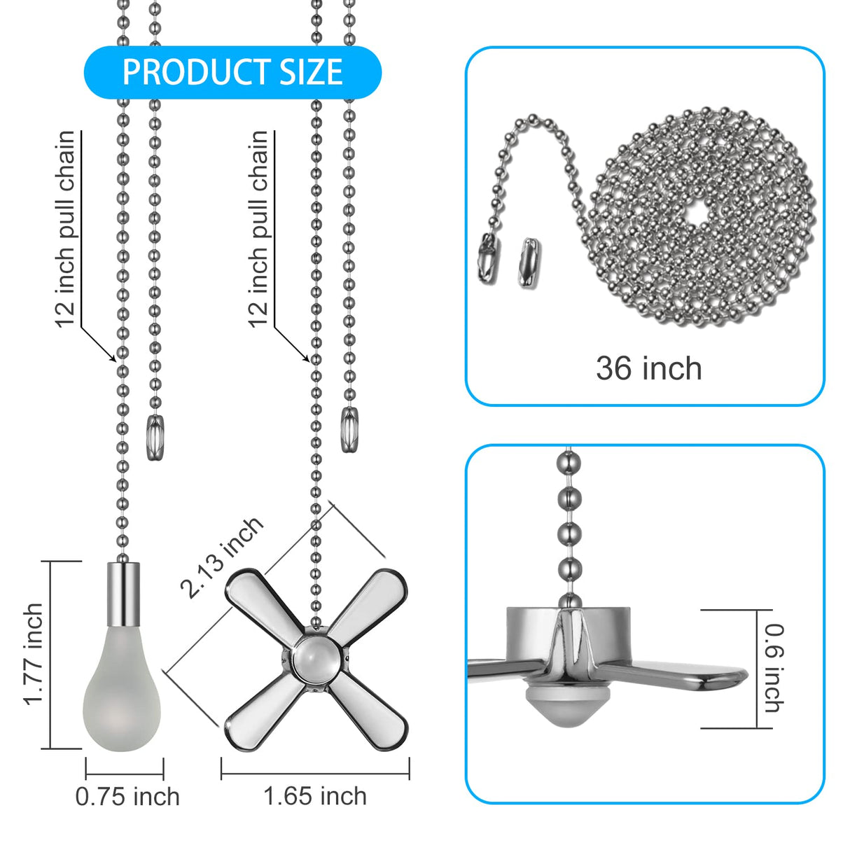 Generic ELFCAB Ceiling Fan Pull Chain Set, Including 4Pcs Beaded Ball Fan Pull Chain Pendant, Extra 8Pcs Pull Loop Connectors, 2Pcs 36 inches Fan Pull Chain Extension. (Nickel), 12inch Mnixy