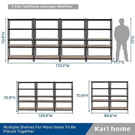 Karl home 5 Tier Metal Garage Shelves, Adjustable Shelf for Storage Heavy Duty, Wide-Size Shelves Organization for Garage Pantry Basement Kitchen, 2000lbs,43.3" L x 17.7" W x 70.9" H, Black Karl home