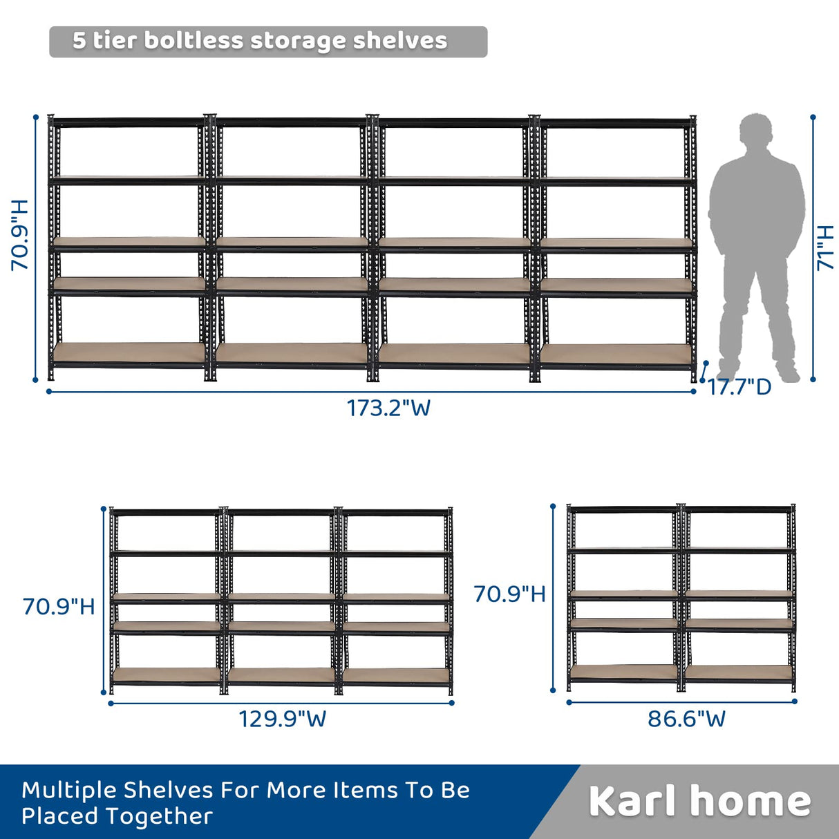Karl home 5 Tier Metal Garage Shelves, Boltless Assembly,Adjustable Shelf for Storage Heavy Duty, Wide-Size Shelf Organization for Pantry Basement Kitchen, 1500lbs,43.3"L x 17.7"W x 70.9"H,Black & 1P Karl home