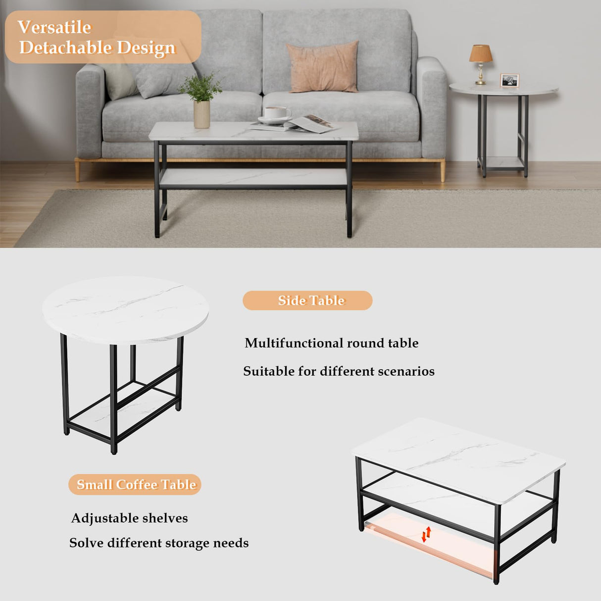 WOHOMO Coffee Table, White Modern Coffee Tables for Living Room, Detachable 2 Small Coffee Tables, Faux White Marble WOHOMO