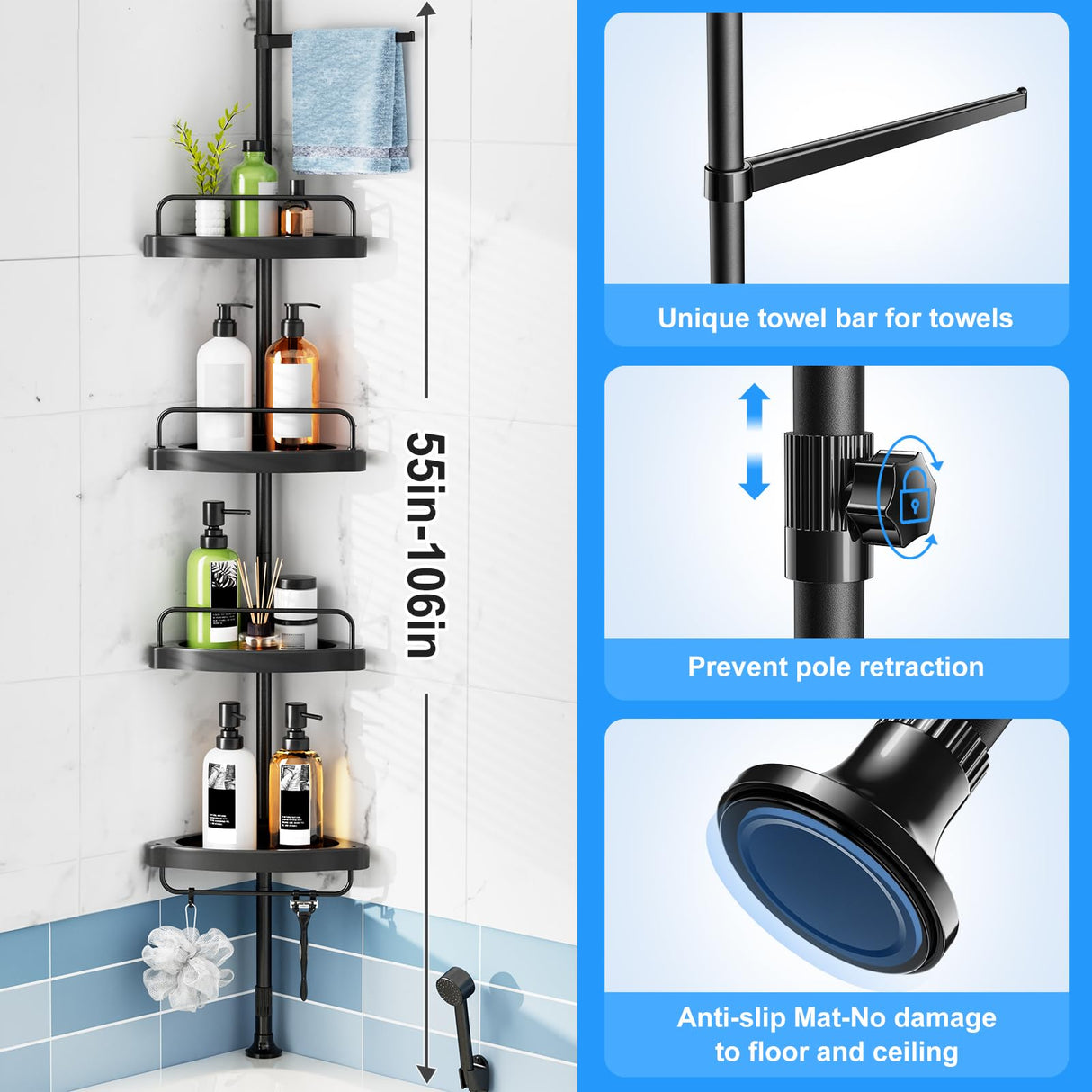 HAMITOR Corner Shower Caddy Tension Pole: Adjustable Stainless Steel Shower Organizer 4 Tier Shelf for Bathroom Bathtub Shampoo - Floor Standing Rack Bath Storage Holder with Rust Proof Rods - Black HAMITOR