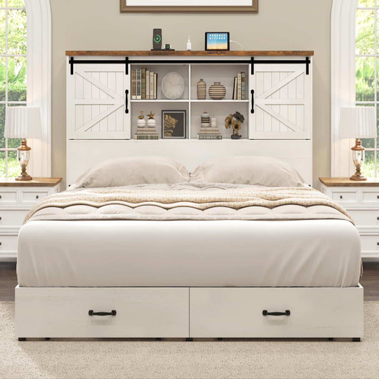 HOWE King Size Wood Platform Bed Frame with 51.2" Bookcase Headboard, Storage Bed with Sliding Barn Door Charging Station 2 Drawers, No Box Spring Needed/Farmhouse/White HOWE