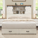 HOWE King Size Wood Platform Bed Frame with 51.2" Bookcase Headboard, Storage Bed with Sliding Barn Door Charging Station 2 Drawers, No Box Spring Needed/Farmhouse/White HOWE