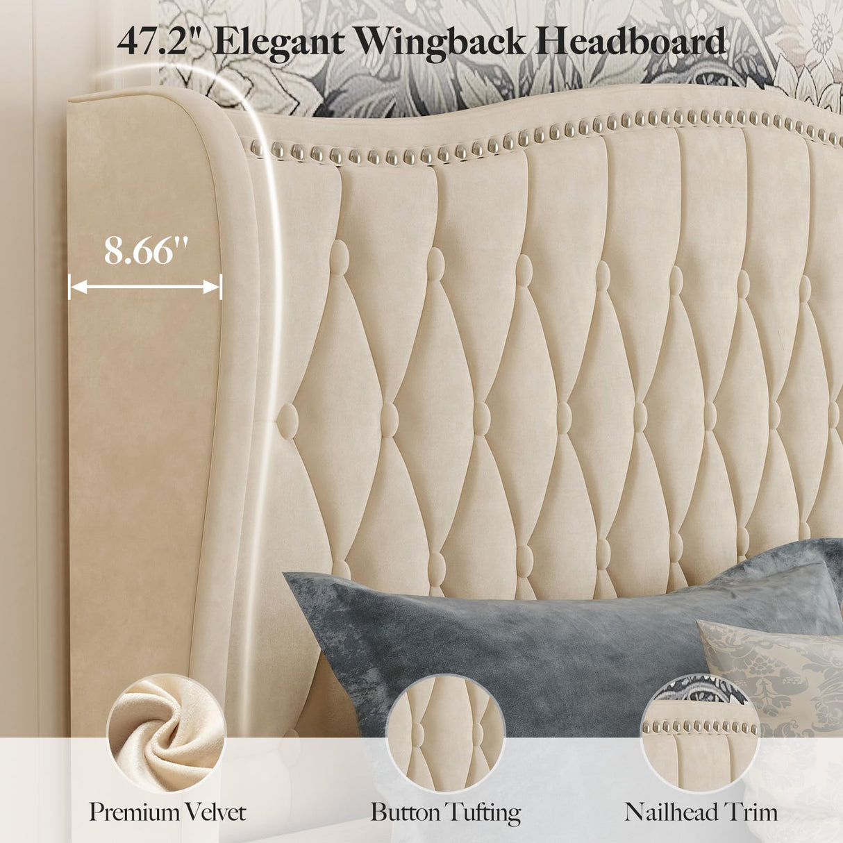 Belffin King Bed Frame and Headboard, Luxury Upholstered Velvet Platform Bed with Wingback, Button Tufted & Nailhead Trim, Anti-Slide Tall Footboard, No Box Spring Needed, Noise-Free, Beige Belffin