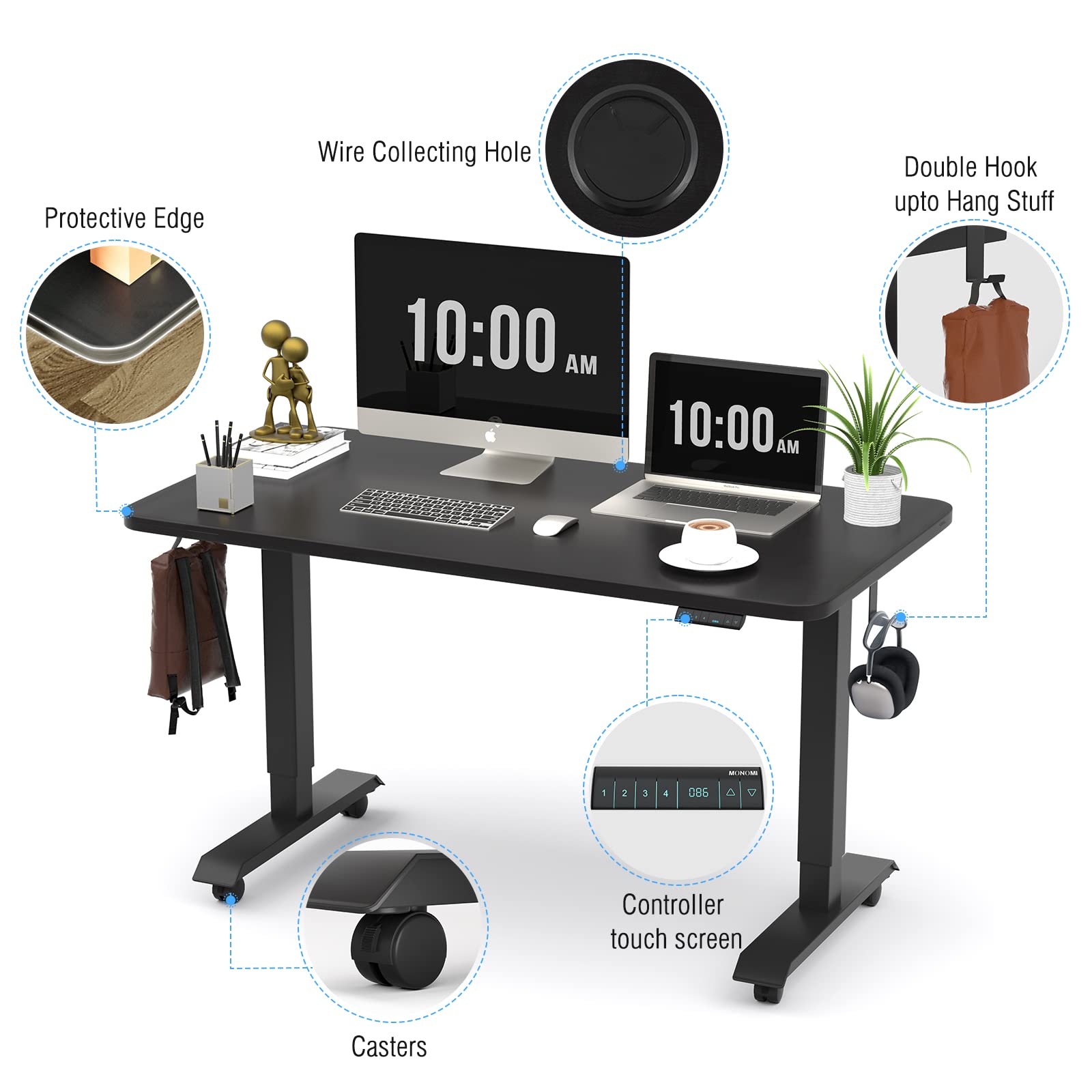 Monomi Electric Height Adjustable Standing Desk, 48x24 Inches, Ergonomic Home Office Sit/Stand Up Desk (Black Steel Frame/Black Top) - WoodArtSupply