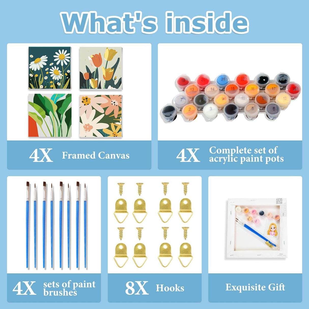 mrpwnle 4 Pack Flowers Paint by Numbers Kit for Adults Beginner Framed-Small Easy Adult Paint by Numbers Kits On Canvas Adults' Paint-by-Number Kits for Home Wall Decor Gift 8X8 Inch mrpwnle