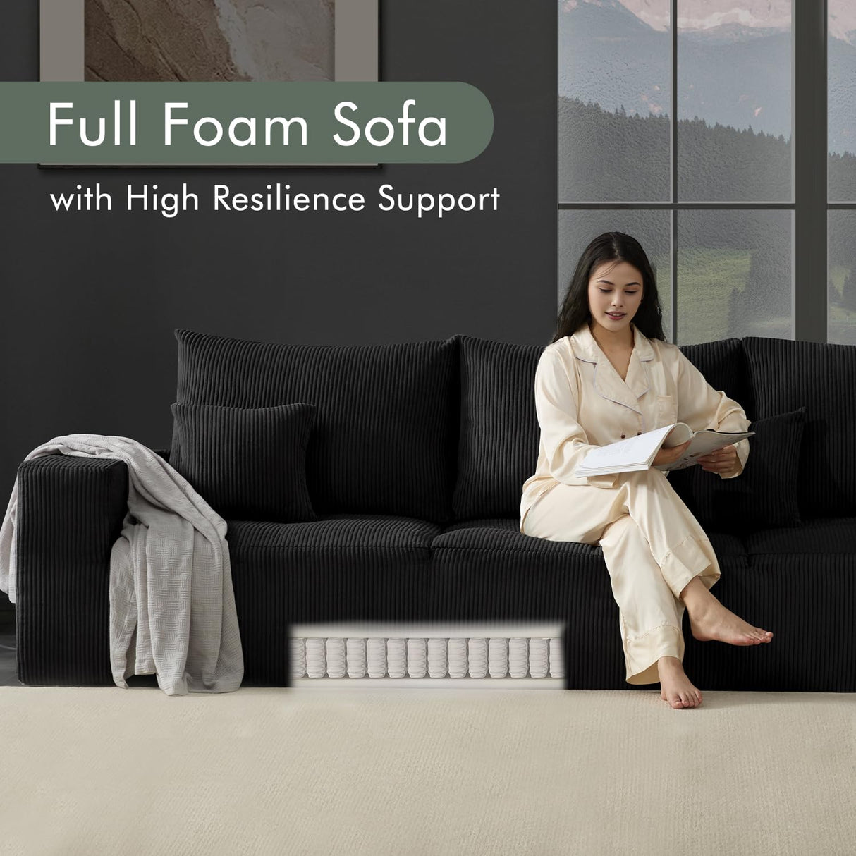 Boneless Sectional Cloud Couch Sofa for Living Room, 112" U-Shaped Modular Modern Lounge Sleeper Black Couches with Chaise, No Assemble, Cordury Compression Upholstered Sofas Gericco