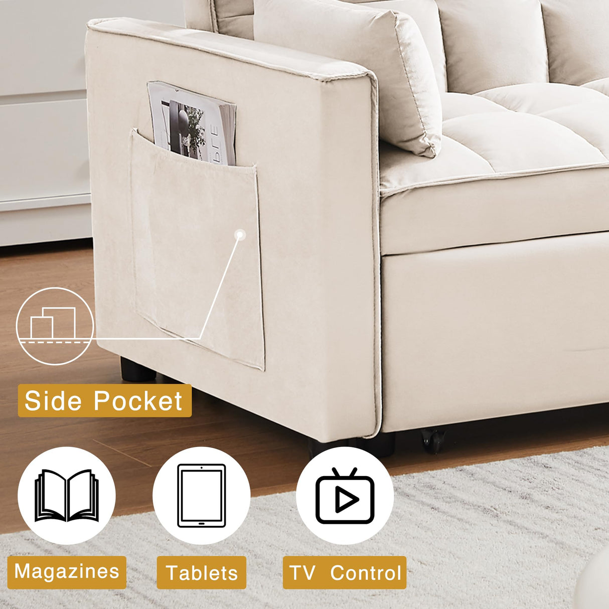 Wakefit 3 in 1 Convertible Sleeper Sofa Bed, Futon Couches for Living Room with Side Pocket | Adjustable Backrest| Velvet Fabric | Pull Out Couch | Recliner Loveseat | Sectional Sofa, Creamywhite Wakefit