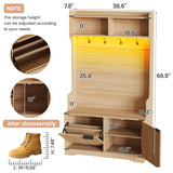 Maupvit 67" Entry Way Coat and Shoe Rack, 5-in-1 Hall Tree with Bench and Shoe Storage, Adjustable LED Sensor Light, Wood Coat Tree with Seat Stool & Hooks for Hallway, Mudroom, Light Walnut Maupvit
