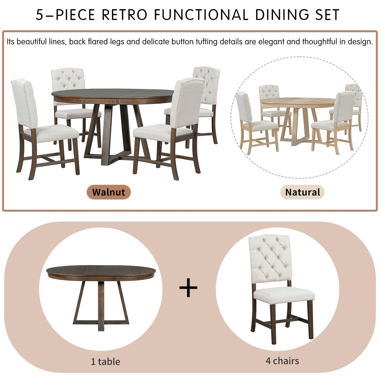 Merax, Walnut 5-Piece Retro Functional Set,Round Wood Table with a 16" W Leaf and 4 Upholstered Chairs for Dining Room Merax