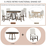 Merax, Walnut 5-Piece Retro Functional Set,Round Wood Table with a 16" W Leaf and 4 Upholstered Chairs for Dining Room Merax